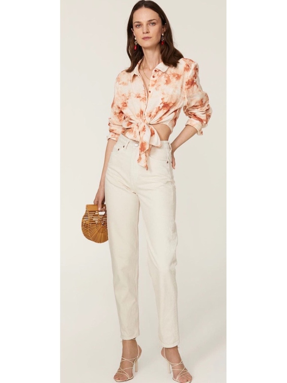 Jonathan Simkhai Tie Dye Tie Front Cropped Button Down Shirt Rust Cream